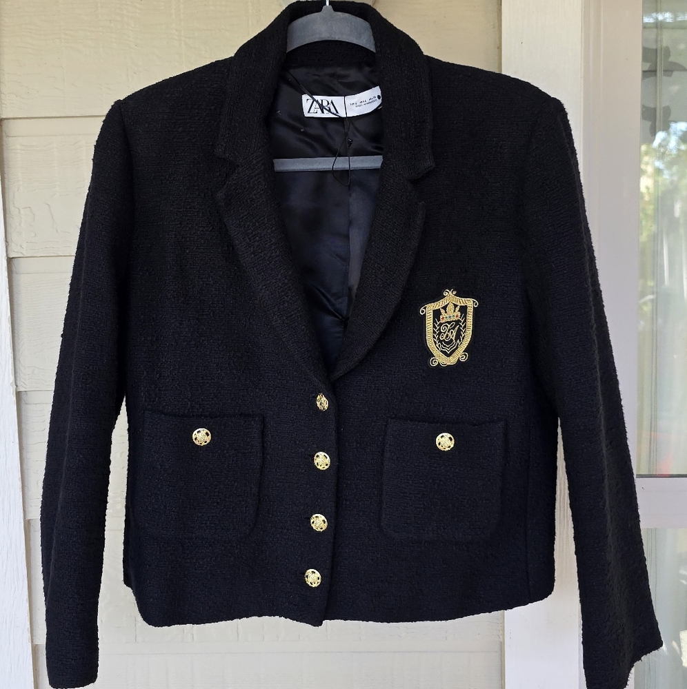 Nwot Zara Tweed Black Blazer Textured Patch Pocket Emblem Gold ButtonsCropped L - Picture 11 of 15